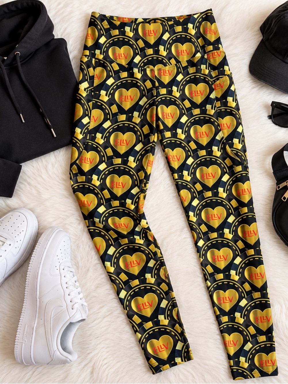 ELLV Las Vegas Gold Heart Casino Print Leggings Size XL